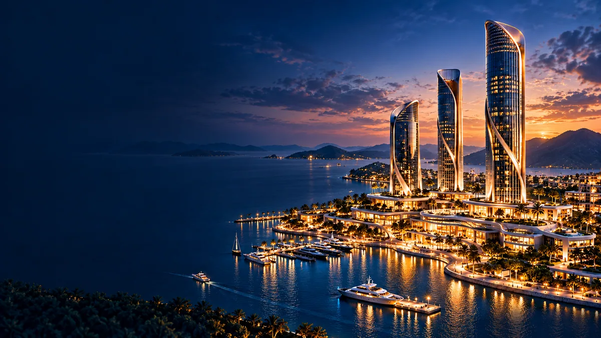 Gold-lit waterfront towers and a marina at dusk