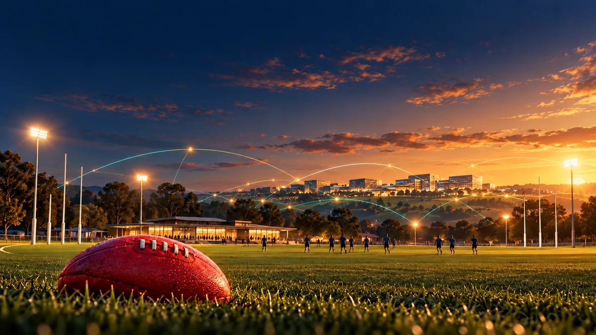 Australian football on a community oval under evening floodlights