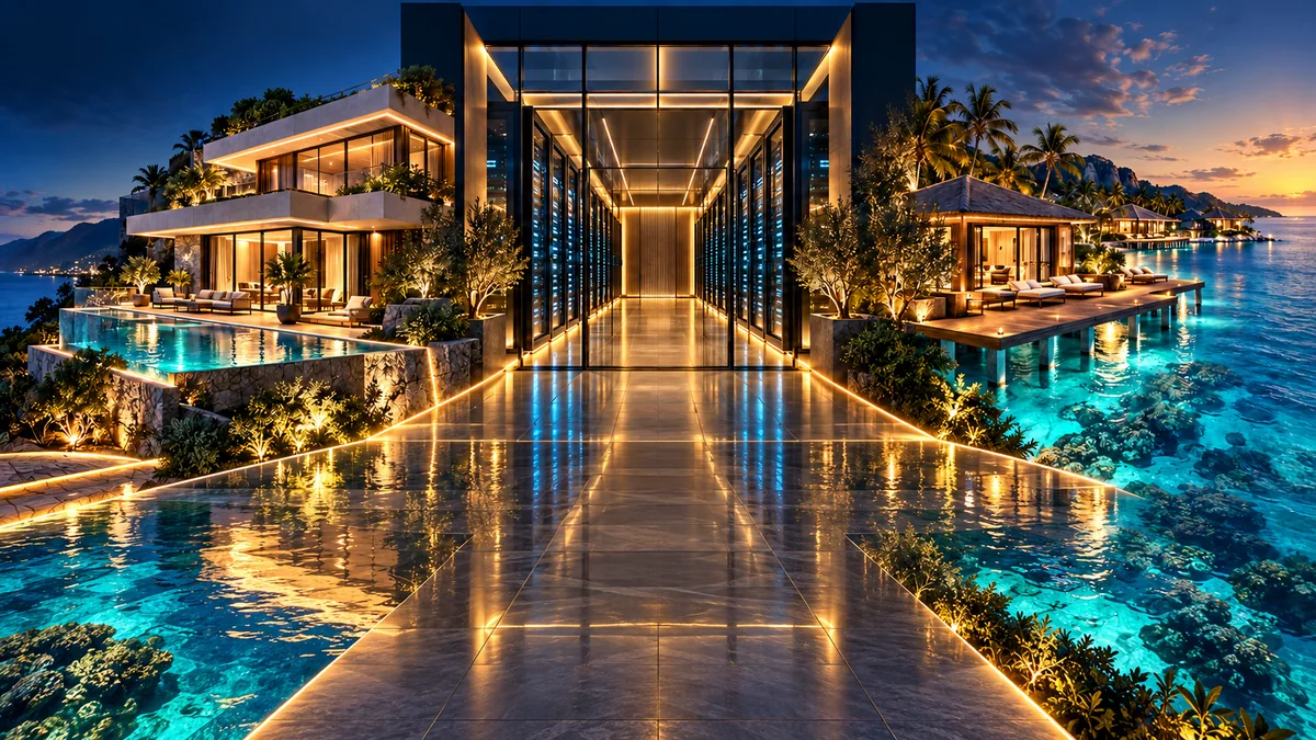 Modern residence, illuminated data-center corridor and tropical hospitality setting